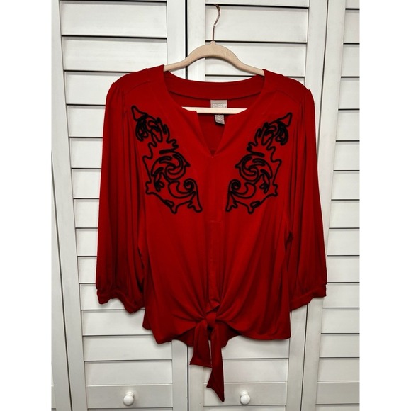 Chico's Tops - Chico's Embroidered Puff Sleeve Tie Front Stretch Top Women's Size 0 US Small